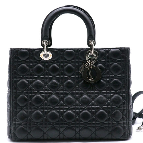 CHRISTIAN DIOR LADY DIOR BLACK CANNAGE QUILTED LAMBSKIN LARGE - Picture 1 of 7